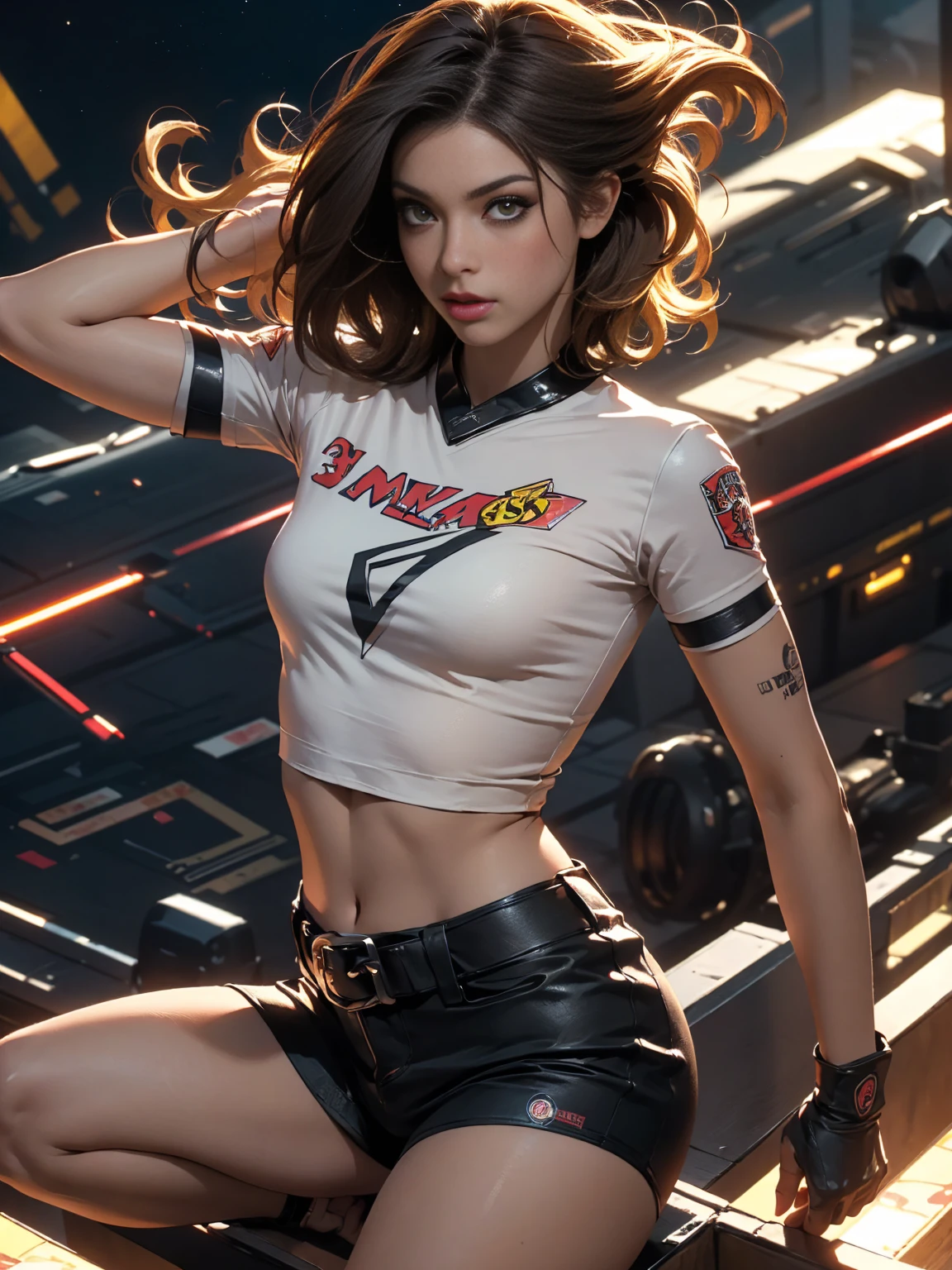 CG K Ultrarealistic ,((premium、8k、32K、masterpiece、NffSW:1.3)), (superfine illustration)、(super high resolution), (((adult body))), (((1 girl in))), ((( short hair bob ))), 25 year old cyberpunk gladiator with perfect body, Shoulder pads with metal spikes., Gladiadores in Brooklyn, (( short hair bob )), Torn rugby team t-shirt, Almost naked in the wild urban style of Simon Bisley, short blonde hair, minimal clothing, Metallic protection on the left arm with complex graphics..., Dark red with white stars and blue and white stripes.,(( dynamic action pose:1.5)), armor, Full of spikes and rivets., poison tattoo (((Image from the knee up))), short white blonde hair, In the background、 There is a wall with an intricate design painted by Shepard Fairey...