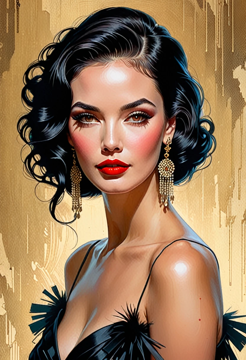 there is a woman with a tattoo on her arm and a red lipstick, martin ansin artwork portrait, stunning digital illustration, artstyle tom bagshaw, pinup art, stunning artwork, illustration art, by Galen Dara, artgerm and tom bagshaw, tom bagshaw style, 롭 레이와 미우라 켄타로 스타일, art tom bagshaw, a ((어두운 필름)) portrait painting of looking at the camera with a subtle smile, she is wearing red lipstick and small black earrings and has bare shoulders and ((고급스러운 해학적 환상, Tassels )), shaft of light, full body portrait, by Gediminas Pranckevicius, Jean Giraud, 러스 밀스, Carne Griffiths, 밝은 등