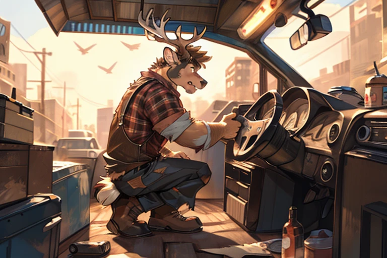 lap, (redneck Lumberjack), looking shocked, surprised, astonished, baffled, (stag:1.3), Dragon, male, clothes, (junkyard) BREAK (by zackary911, by braeburned, by haps, by zixiong, by Pino Daeni), (transformation:1.2), on knees, ripped clothes, human, BREAK highly detailed, 