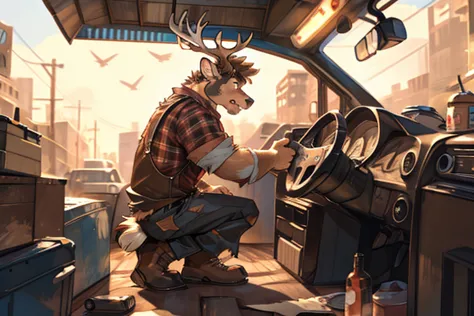 lap, (redneck lumberjack), looking shocked, surprised, astonished, baffled, (stag:1.3), dragon, male, clothes, (junkyard) break ...