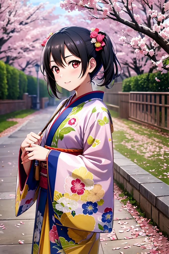 masterpiece, best quality, 1girl, solo, long kimono,  on the festival,, yazawa nico, twintails, short hair, black hair, red eyes, small breast asutepiece, Highest Quality, on the night, realistic, cherry tree background, full hd, full body shot, 18 year old girl, adult girl