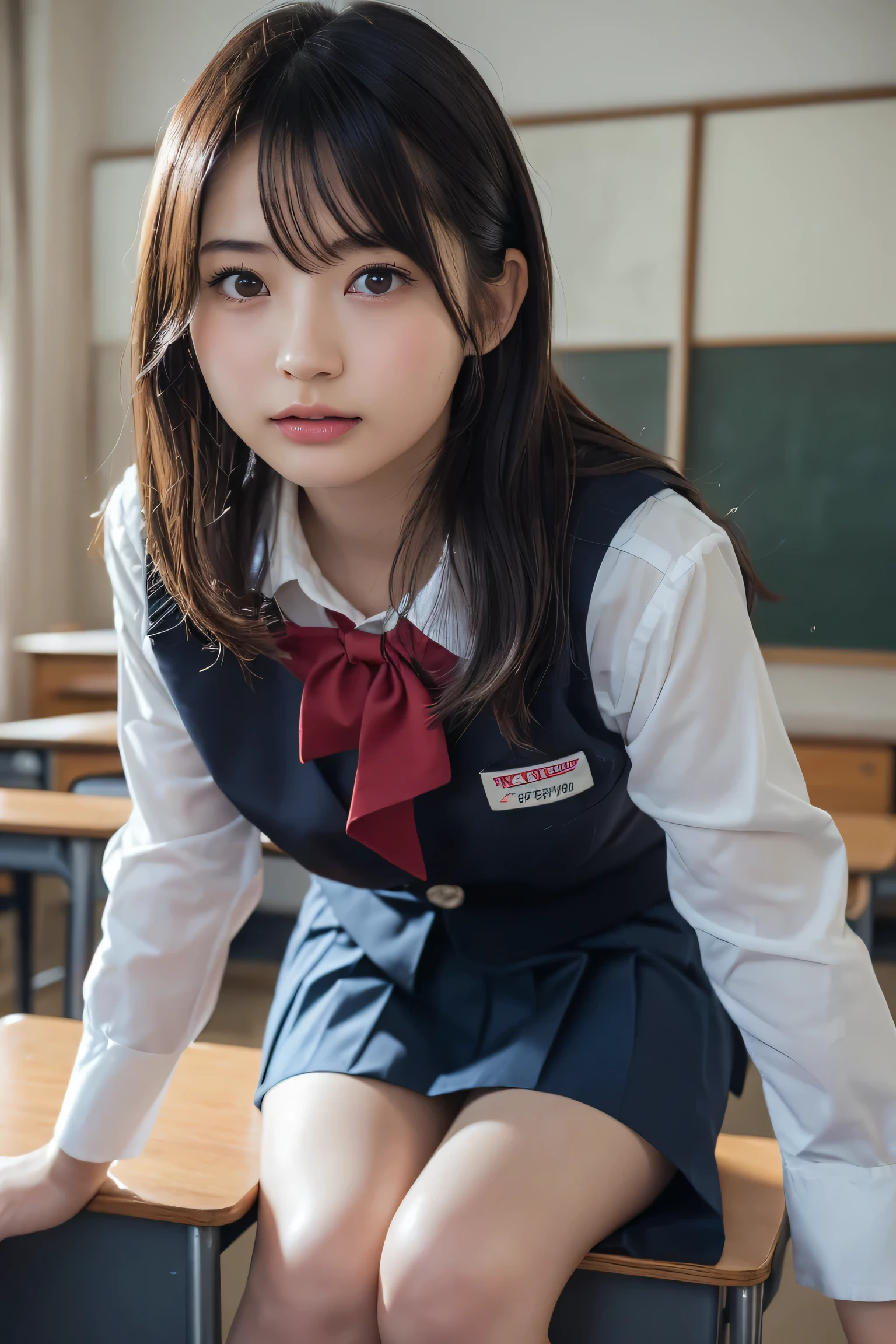 Tabletop, highest quality, Japanese Girls,One Girl, 8k, RAW Photos, highest quality, Tabletop, Debtdebt:1.2, Highly detailed RAW color photos, Professional photos, (Realistic, Realistic:1.37), (Highly detailed skins:1.2), Ultra-high resolution, (Lenz 50mm), (debt/1.2),Exquisitely drawn eyes,Gazing at the audience,
One Girlと別れる (Many elderly people:1.4), Beautiful Face, cute,(smile:1.05),(20-year-old, Wide Hips,Straight hair, (short hair), iris, white and fine-grained skin,Small Mouth, high cheekbones (meaning), Sexy pose,(Leaning forward:1.3),(The to the debtW:1.1),White panties、Korean Idol、Nogizaka Idol、Carving an idol pose、Adult、、(Tabletop, highest quality:1.3), (Ultra-fine 8K CG:1.2), (Ultra-realistic:1.35), (Realistic:1.45), (Realistic:1.4), Cowboy Shot,
Beautiful Japanese Women, 22 years old, Supermodel, Japanese Idols, , (Sitting at a desk:1.1), (school uniform:1.4), (Skirt flip:1.6),
(School classroom background:1.1),