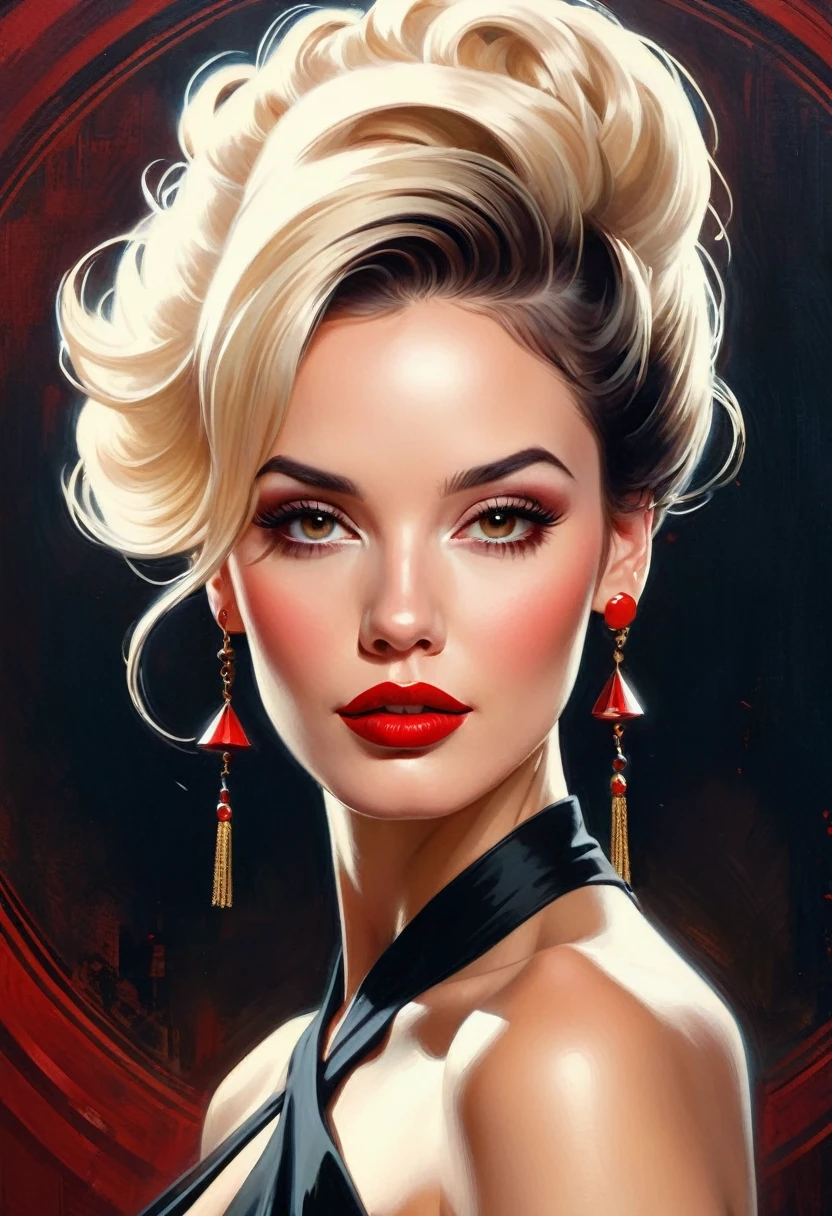 there is a woman with a tattoo on her arm and a red lipstick, martin ansin artwork portrait, stunning digital illustration, artstyle tom bagshaw, pinup art, stunning artwork, illustration art, by Galen Dara, artgerm and tom bagshaw, tom bagshaw style, Rob Rey und Kentarõ Miura-Stil, art tom bagshaw, a ((dunkler Film)) portrait painting of looking at the camera with a subtle smile, she is wearing red lipstick and small black earrings and has bare shoulders and ((Luxuriöse Burlesque-Illusion, Tassels )), shaft of light, full body portrait, by Gediminas Pranckevicius, Jean Giraud, Russ Mills, Carne Griffiths, helles Licht