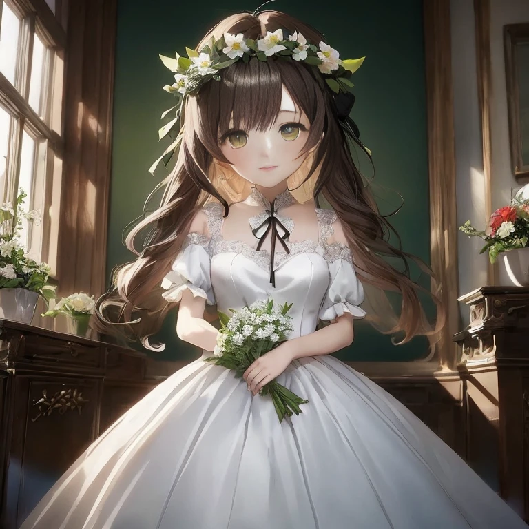 Anime girl in white dress with flowers in her hair, guweiz on pixiv artstation, guweiz on artstation pixiv,  in dress, guweiz, Cute anime waifu in a nice dress, anime moe art style, Anime visuals of cute girls, Smooth Anime CG Art, [ 4 k digital art ]!!, kawacy