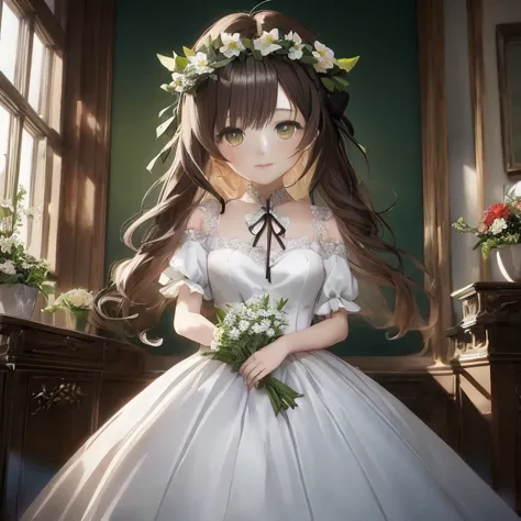 Anime girl in white dress with flowers in her hair, guweiz on pixiv artstation, guweiz on artstation pixiv,  in dress, guweiz, C...
