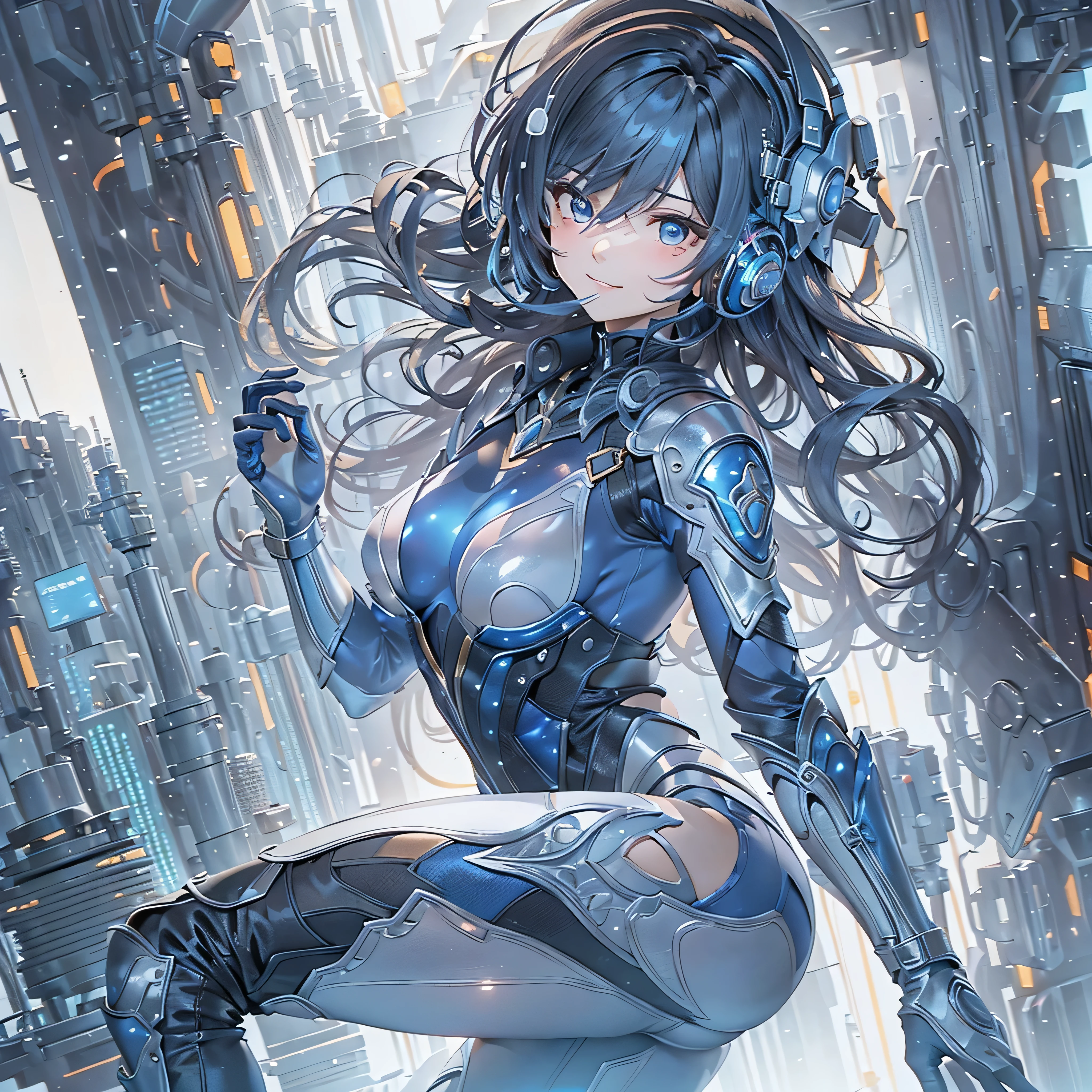 (masterpiece、highest quality、Highest Resolution、Clear_image、Detailed details、Angle from above): (Whole body、One 20 year old girl、Japanese Faces、Small Face、Slender、Navy blue super short bob cut hair、(Hidden small breasts:1.3)、Sparkling blue eyes、Shiny pilot suit in blue and black colors、Chest protection armor、Tight fitting clothes、Clothing that covers the whole body、Glamorous clothes、Tight Fit Pants、Hide your skin、Very delicate and beautiful、Detailed Skin、hide thighs、Hide your ass、Cute、A gentle smile、Soft expression、heroine、headset、Knee-high boots、Elbow-length gloves、Eye Level Shot、Face directly、Woman on a spaceship)