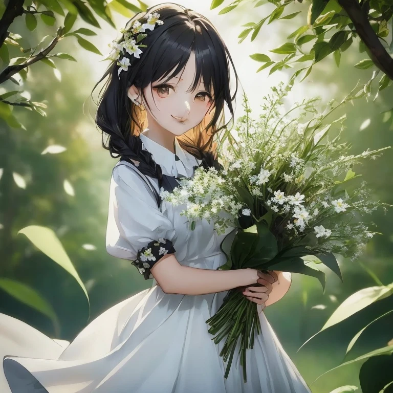 Anime girl com flores in her hands, Guweiz, Imagens de anime de garotas fofas, Guweiz on pixiv artstation, artwork in the style of Guweiz, Guweiz on artstation pixiv, com flores, lindo retrato de anime, estilo de arte anime moe, uma empregada em uma floresta mágica, Arte oficial, arte cg de anime suave, Também