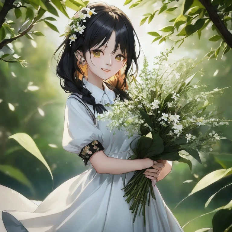 Anime girl mit Blumen in her hands, guweiz, Anime-Bilder von süßen Mädchen, guweiz on pixiv artstation, artwork in the style of guweiz, guweiz on artstation pixiv, mit Blumen, schönes Anime-Porträt, Anime-Moe-Kunststil, eine Magd in einem Zauberwald, offizielle Kunst, Sanfte Anime-CG-Kunst, Auch