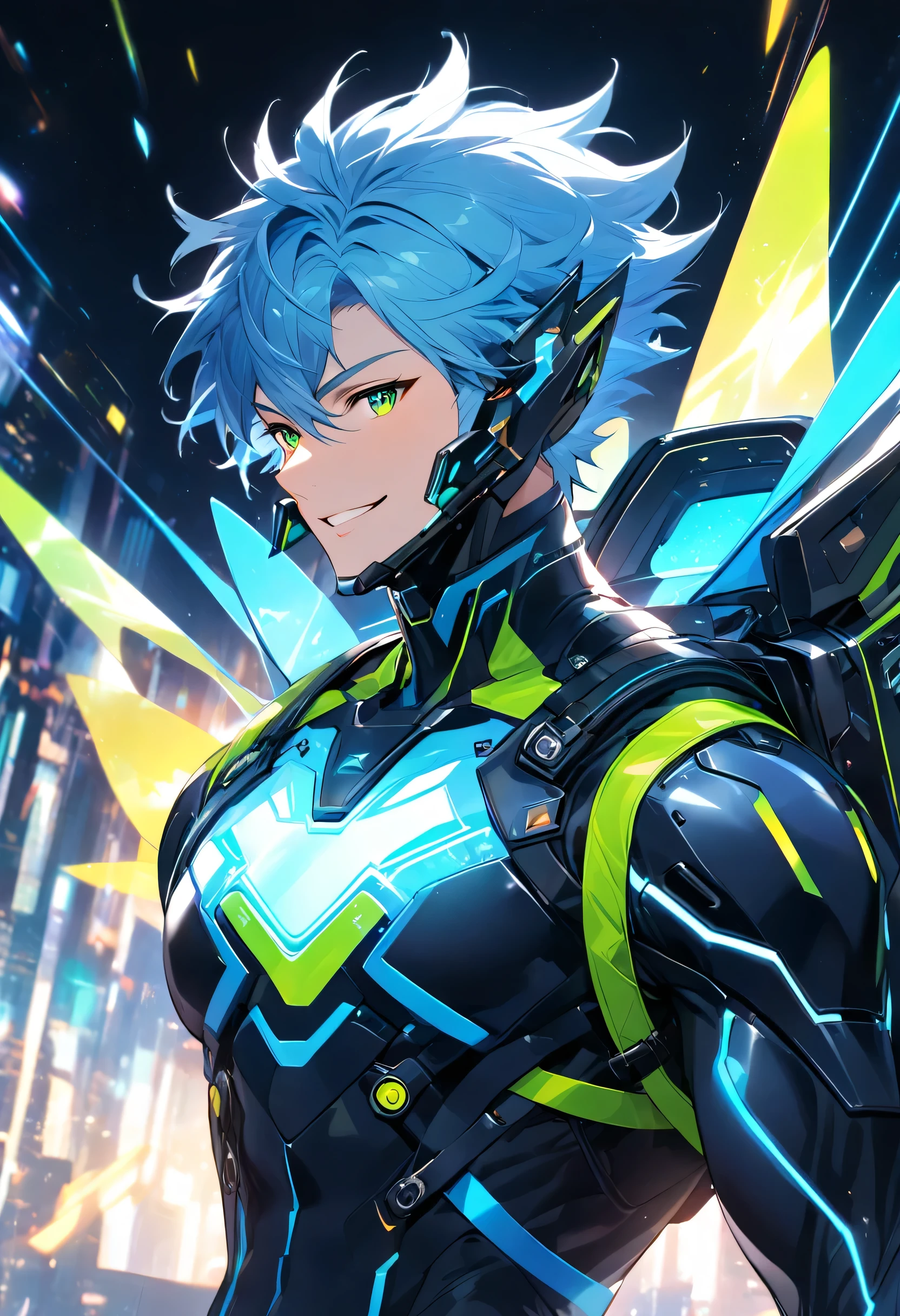 A friendly and charismatic male character in a futuristic black and blue cyber suit with glowing LED lines, short spiky blue hair, and sharp green eyes. He is tall, muscular, and has an energy backpack on his back. The character is smiling warmly and in a relaxed posture, exuding a welcoming and approachable aura. The background is a digital cityscape with floating holographic elements and light effects, representing a cybernetic world.