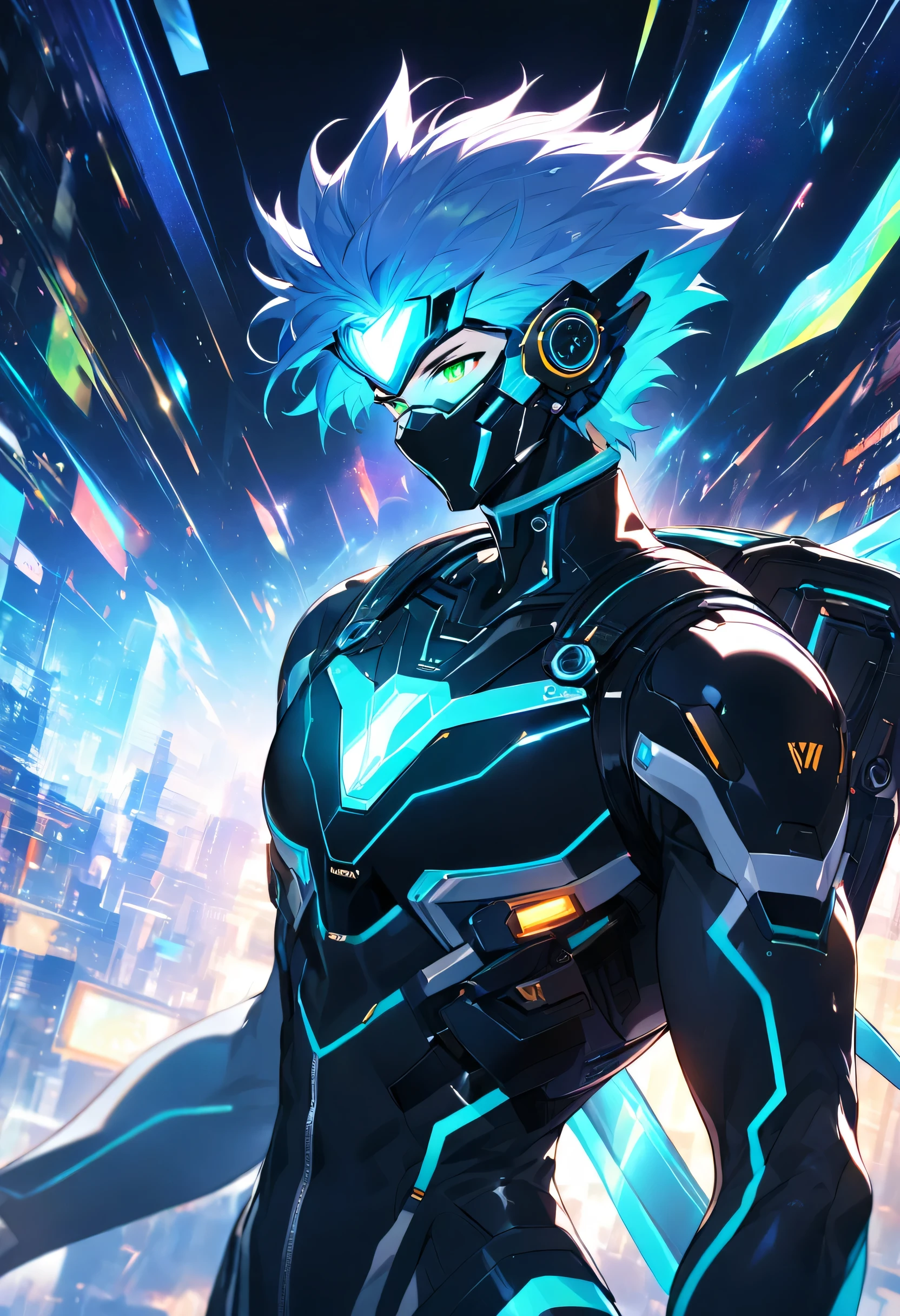 A friendly and charismatic male character in a futuristic black and blue cyber suit with glowing LED lines, short spiky blue hair, and sharp green eyes. He is tall, muscular, and has an energy backpack on his back. The character is smiling warmly and in a relaxed posture, exuding a welcoming and approachable aura. The background is a digital cityscape with floating holographic elements and light effects, representing a cybernetic world.