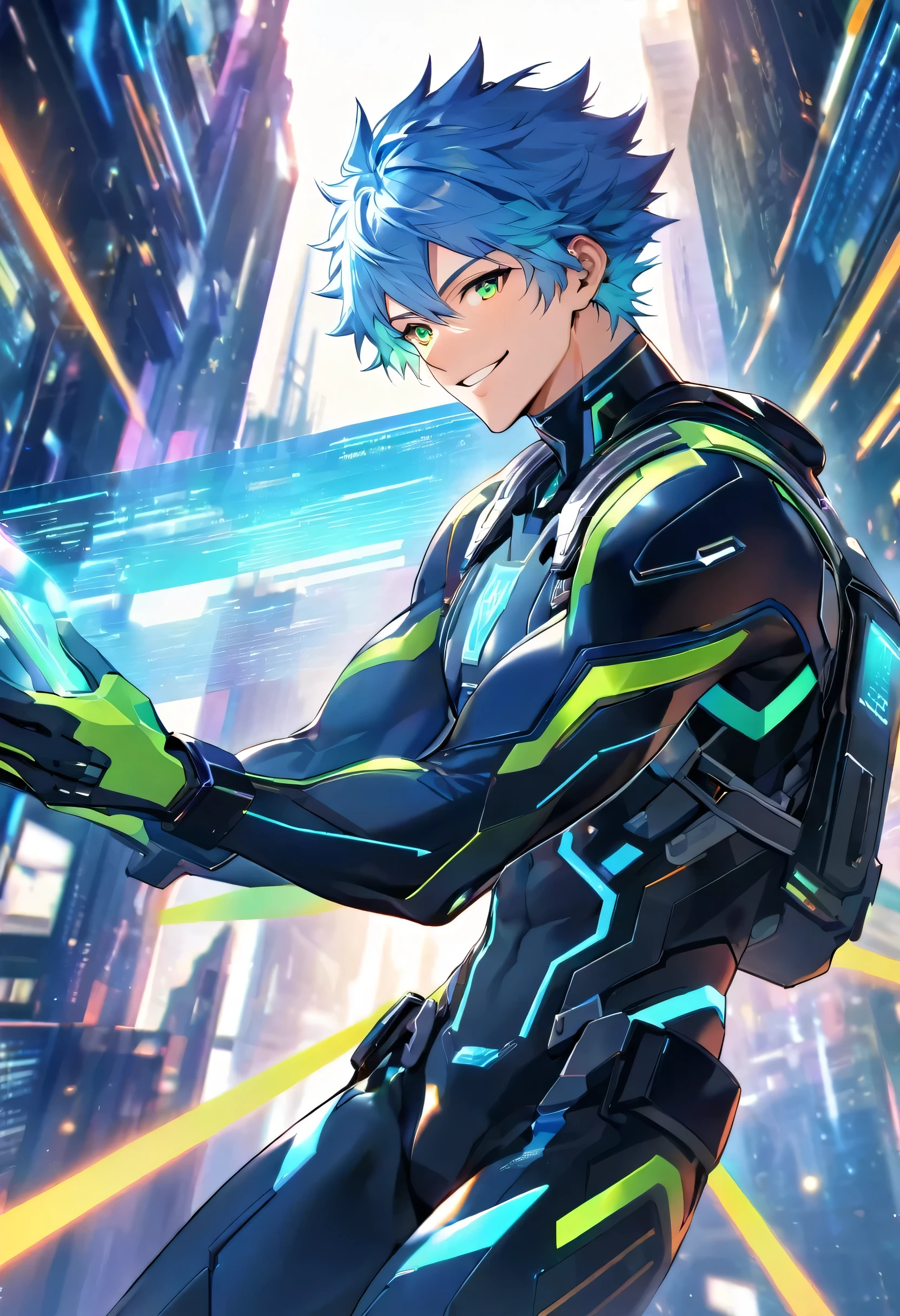 A friendly and charismatic male character in a futuristic black and blue cyber suit with glowing LED lines, short spiky blue hair, and sharp green eyes. He is tall, muscular, and has an energy backpack on his back. The character is smiling warmly and in a relaxed posture, exuding a welcoming and approachable aura. The background is a digital cityscape with floating holographic elements and light effects, representing a cybernetic world.