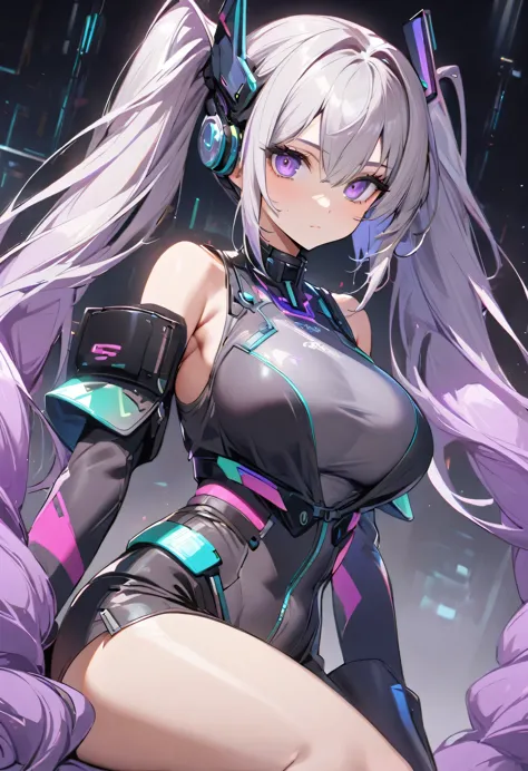 yinji,1girl,solo,purple_hair,purple_eyes,very_long_hair,grey_hair,braided_ponytail,large_breasts,gradient_hair,cool,doll face,((...