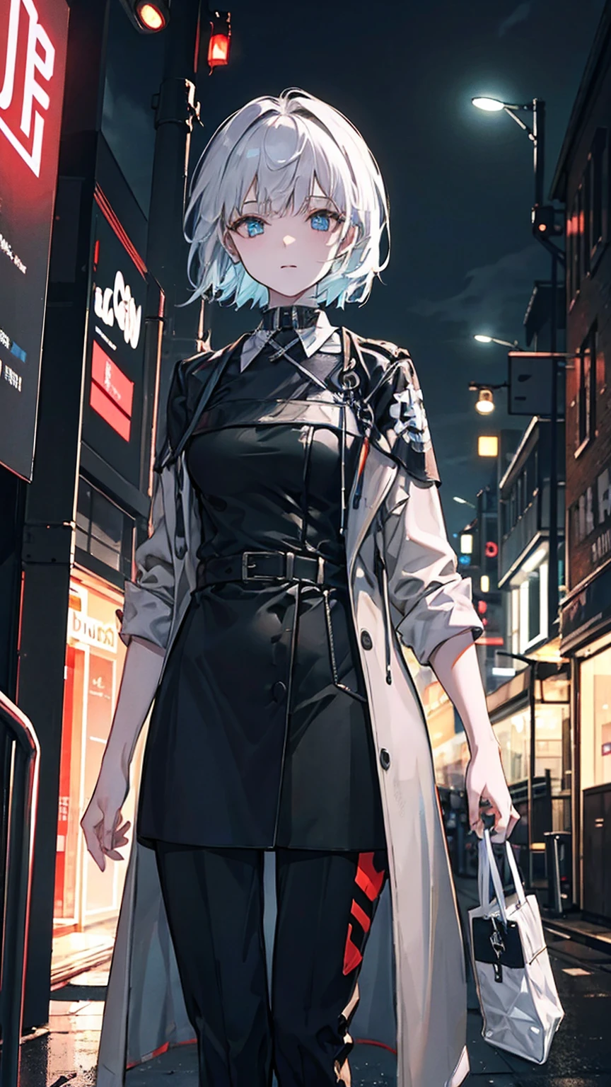 outdoor, Black, Wearing a black and red floral shirt, Wearing black dress pants, blue eyes, Glowing eyes, short hair, Gray skin, Club environment, night, Blue neon light, 8K, Unreal Engine, Very detailed, Reality, 