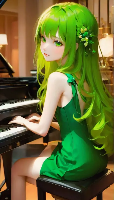 perfect full body behind, beautiful female 1girl, play paino really style, and hair color green 💚