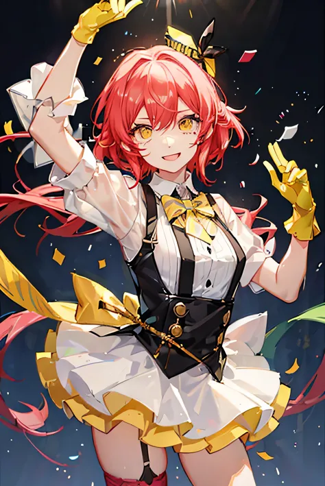 kasane teto, confetti, bright background, exhausted expression, striped white shirt, suspenders, yellow gloves, black tie, idol ...