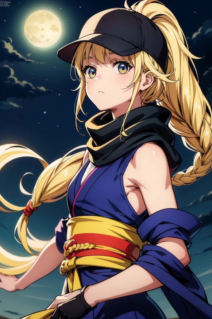 super fine illustration,vibrant colors, masterpiece, sharp focus, best quality, depth of field, cinematic lighting,ultra detailed,1girl,anime lady in yellow with scarf and some hair standing in the background with moon in the sky, 1girl, solo, black hair, yellow eyes, moon, scarf, ponytail, looking at viewer, sleeveless, sash, japanese clothes, long hair, ninja, full moon, obi, ((masterpiece, best quality)),((masterpiece)), ((best quality)), (ultra-detailed), ((kawaii)),Eiko Tsukimi, blue eyes, braid, twin braid,(((blonde hair))),baseball cap,