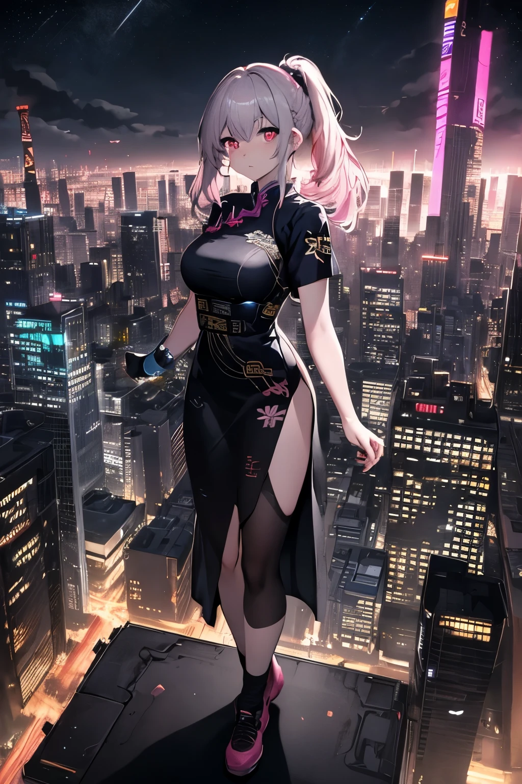 anime, (artwork, best quality, ultra-detailed, high contrast), 1 woman (Alone, full body, plus size body, standing on the edge of the skyscraper, silver hair, LONG In a ponytail, red eyes ruby stretches, (black qipao, black cybernetics with neon pink), transparent black socks), (skyscraper roof, overlooking a city, detailed background ((night time, Darkness, low light pollution)))