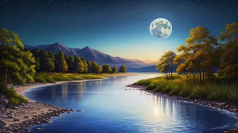 Painting of a river with stars and moon floating in the sky, Concept art inspired by Mitsuoki Tosa, pixiv Contest Winner, highes...