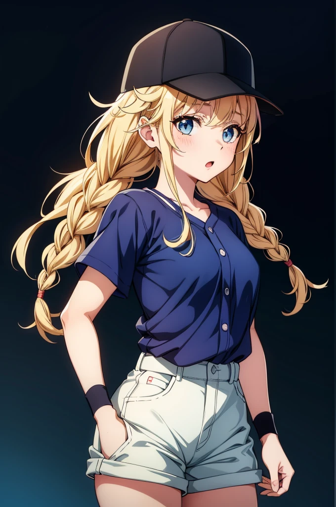 the animated girl is dressed in a baseball uniform and her hat is backwards, 1girl, solo, shorts, hat, blonde hair, shirt, breasts, white shirt, braid, blue shorts, bangs, blush, baseball cap, twin braids, short sleeves, white background, long hair, simple background, cropped legs, open mouth, looking at viewer, wristband, blue eyes,Eiko Tsukimi, blue eyes, braid, twin braid,((shirt hair)),blonde hair,baseball cap