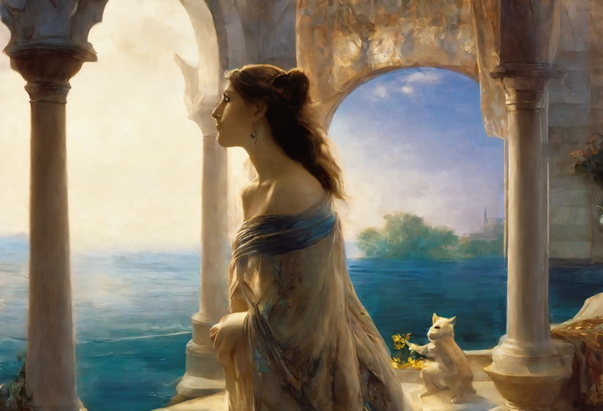 High-quality illustrations by John William Waterhouse, by Johannes Vermeer, wallpaper, summer, lake, dawn, forest, detailed forest, clouds, masterpiece, cinematic, soft light, depth of field, ray tracing, reflection in water, realism, ultra detailed, nymph, fairy, Mysterious and romantic atmosphere, luxurious embellishments, intricate details, (surrounded cistern, transparent aquarium, caustics surface)(reflecting, refraction, polarization:1.2)(highly detailed beautiful face and eyes)absurdres, perfect anatomy(handsome 1boy, kemono, solo focus)(furry)(furry anthro:1.7)(Furry body, dog facial features, dog body features)(very detailed body fur)fragility, reflections in mirrors and water surfaces, realistic visual effects, soft and delicate color palette, dramatic composition,