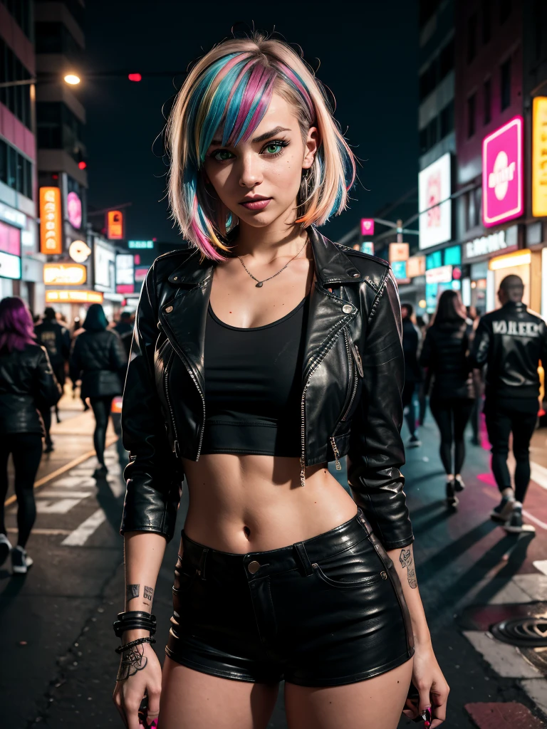 raw photo, great photo in cyberpunk style, close-up, cyberpunk girl, multi-colored hair, bright makeup, athletic build, tattooed body, leather jacket, bracelets on arms, leather shorts, guards on arms and legs, night, street, night city,  moonlight passes through hair, dark photo, looks at viewer