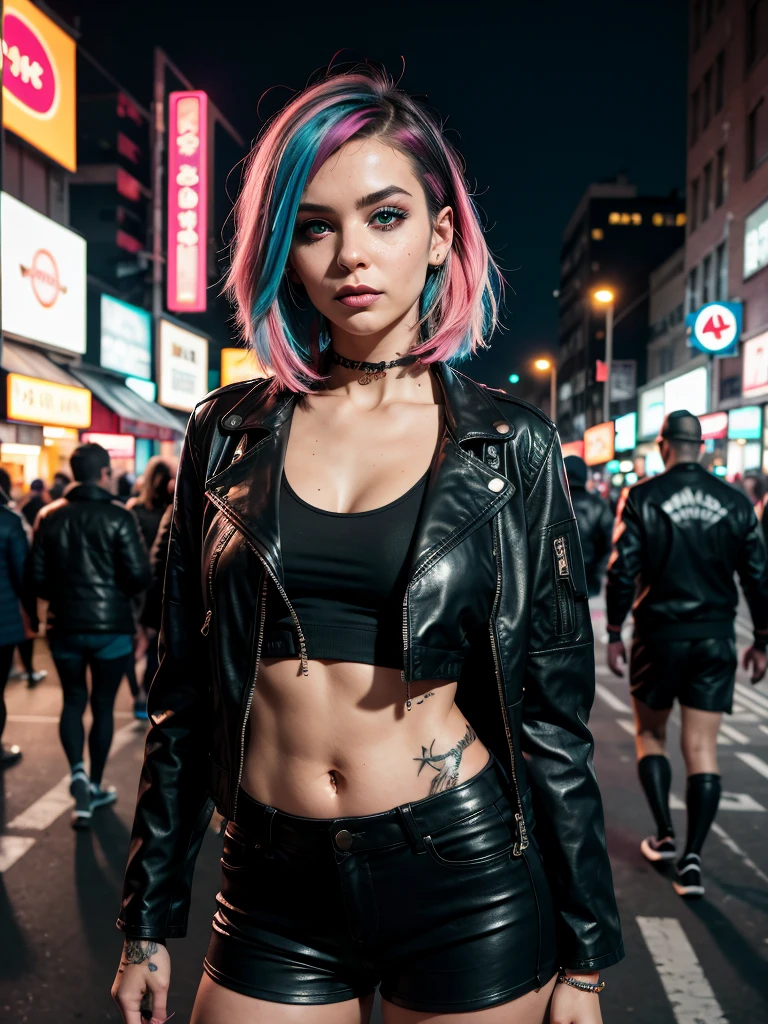 raw photo, great photo in cyberpunk style, close-up, cyberpunk girl, multi-colored hair, bright makeup, athletic build, tattooed body, leather jacket, bracelets on arms, leather shorts, guards on arms and legs, night, street, night city,  moonlight passes through hair, dark photo, looks at viewer