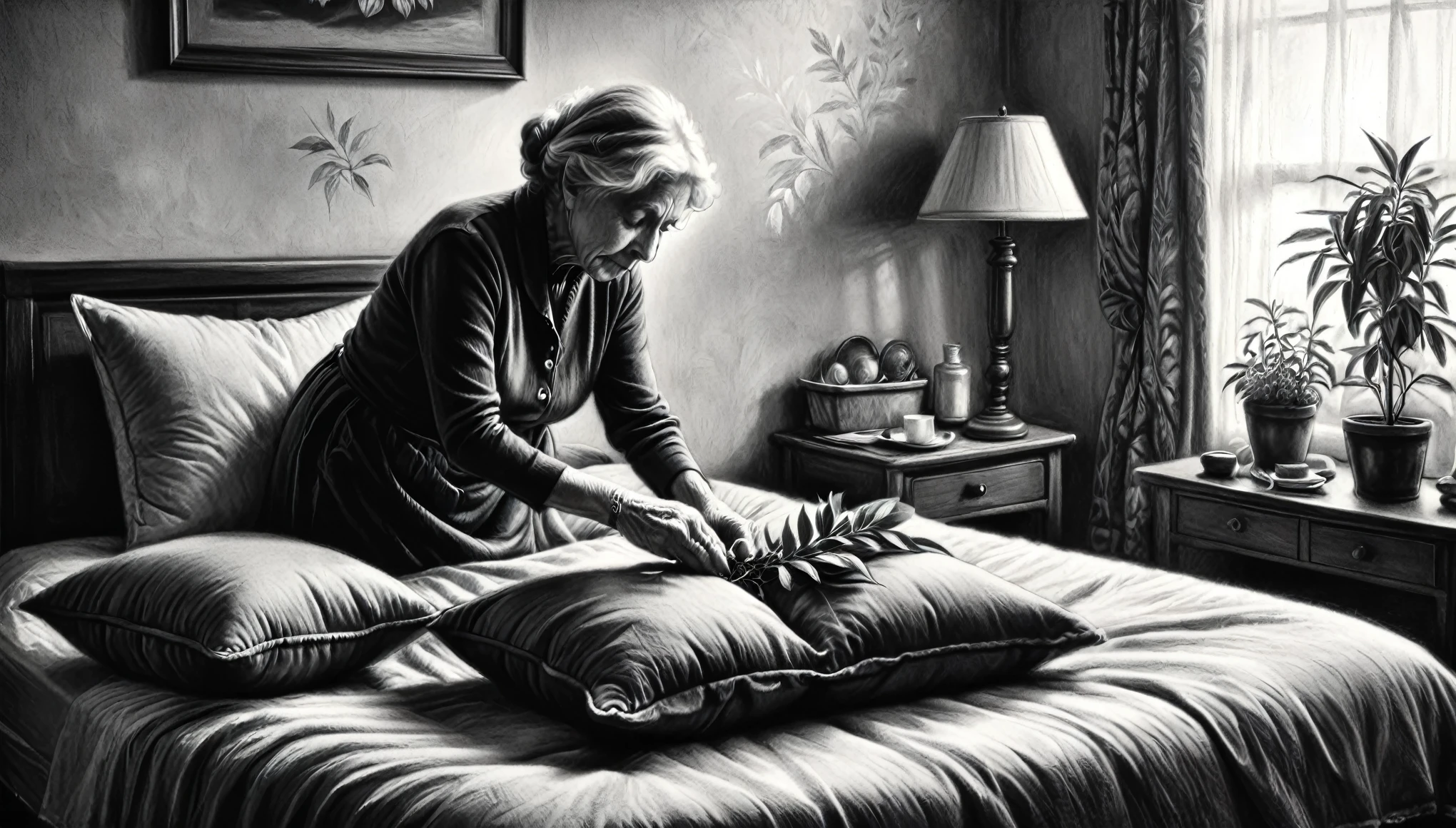 ((black and white charcoal drawing)), Elderly woman in a bedroom placing bay leaf herbs under her pillow, black and white, breathtaking, highly detailed charcoal illustration, 4k, (textured paper), charcoal texture