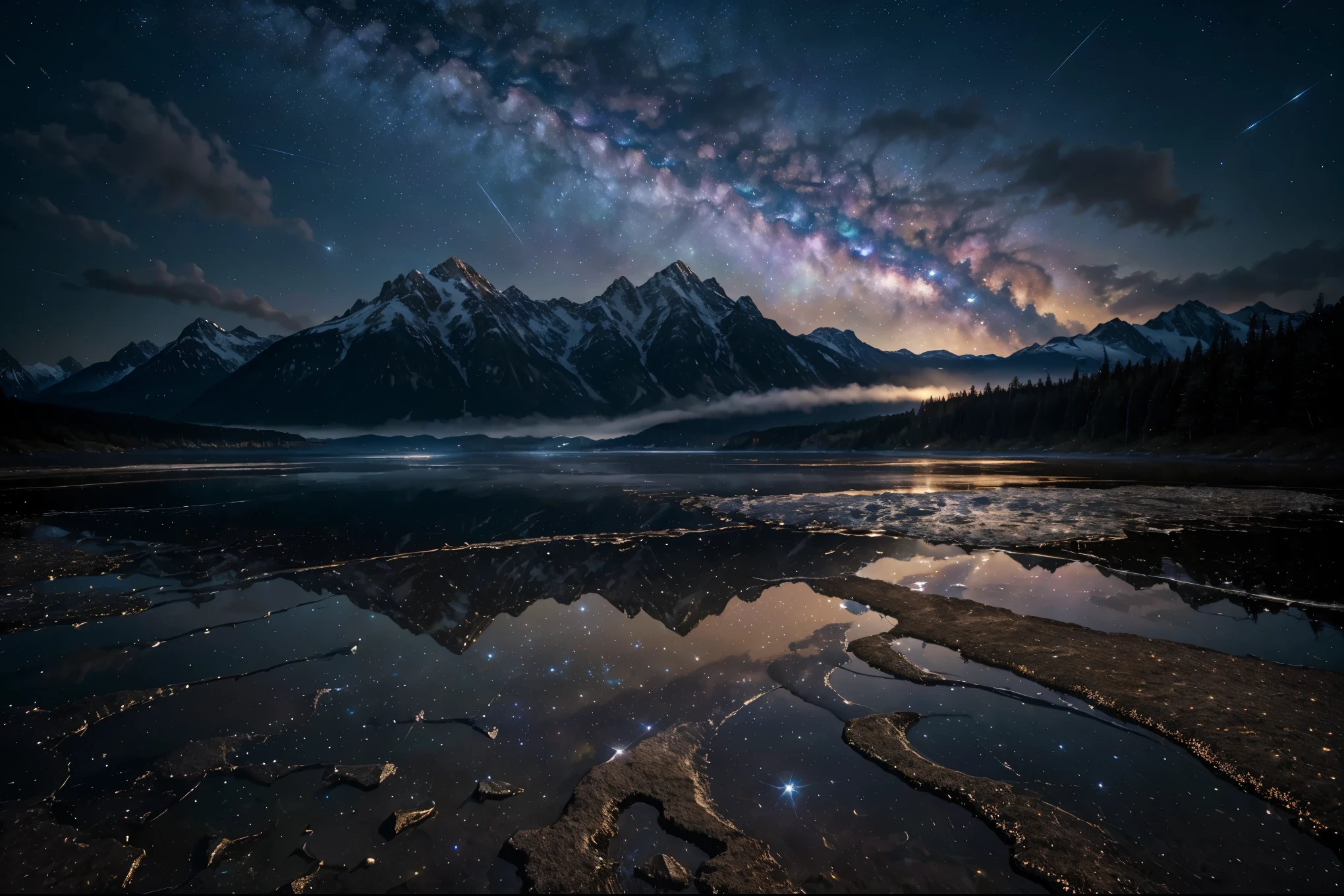 (una pintura pintoresca que representa) Un mar sereno bajo el cielo oscuro., iluminado por el suave, resplandor etéreo de las estrellas. La escena se desarrolla durante una suave lluvia., con gotas que caen en cascada desde el cielo y crean ondas en la superficie del agua. Montañas imponentes enmarcan el horizonte, sus majestuosos picos se extienden hacia el firmamento estrellado. Al caer la noche, se produce una fascinante caída de estrellas, con estrellas fugaces cruzando el cielo nocturno. La inmensidad de la galaxia se revela cuando la Vía Láctea se extiende a lo largo del lienzo., añadiendo un toque de maravilla cósmica. El agua brilla bajo la luz de la luna., reflejando la belleza de la escena celestial arriba. El ambiente está lleno de una sensación de tranquilidad y asombro., invitando a los espectadores a sumergirse en la encantadora belleza del mundo natural.. (mejor calidad,4k,8k,alta resolución,Obra maestra:1.2),ultra detallado,(Realista,photoRealista,photo-Realista:1.37),HDR,uhd,iluminación de estudio,colores vívidos,enfoque nítido.