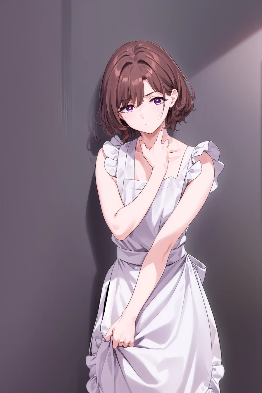 Hinokiguchi Madoka, Higuchi Zodo, brown hair, Eyebrows covered by hair, Gray background, Hair accessories, Hairpin, mole, mole under eye, (Purple Eyes:1.1), short hair, curls,
rest black 连裤袜, 
rest indoors, floor,  ((Shy)), ((apron)), ((nude)),naked apron,
rest looking at viewer, (Cowboy shooting:1.5),
rest (masterpiece:1.2), best quality, high resolution, Unity 8k Wallpaper, (illustration:0.8), (Beautiful and delicate eyes:1.6), Extremely detailed face, Perfect lighting, Extremely detailed CG, (Perfect hands, Perfect anatomical structure),