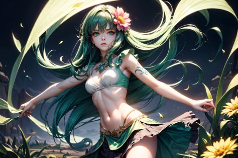There is summer dale covered with flowers and grass and flying elemental wisps, There stand female sylph, she have beautiful face with green eyes, green eye shadows, and green lipstick, long windy emerald hair, and tattoos over all her body, arms and legs,...