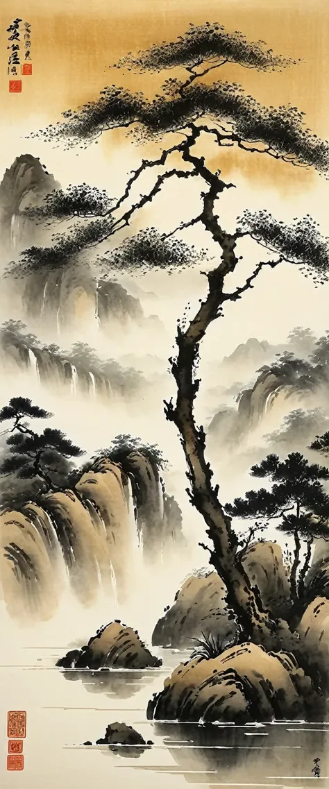 Water ink painting和water彩画，on rice paper，Use thick oned light inks to create light oned dark choneges oned layers，Choose the rig...