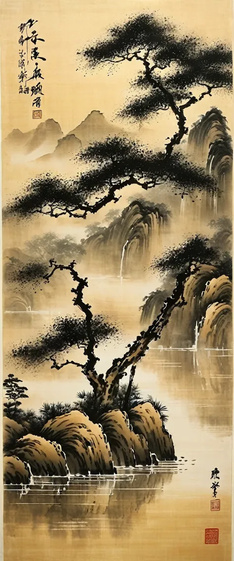 Water ink painting和water彩画，on rice paper，Use thick oned light inks to create light oned dark choneges oned layers，Choose the rig...