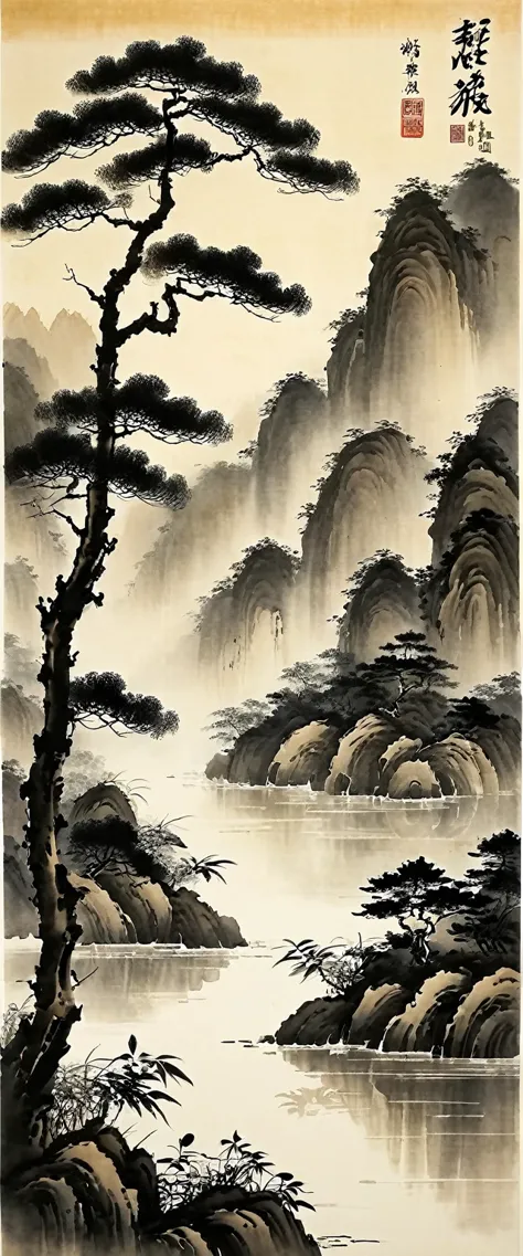 Water ink painting和water彩画，on rice paper，Use thick oned light inks to create light oned dark choneges oned layers，Choose the rig...