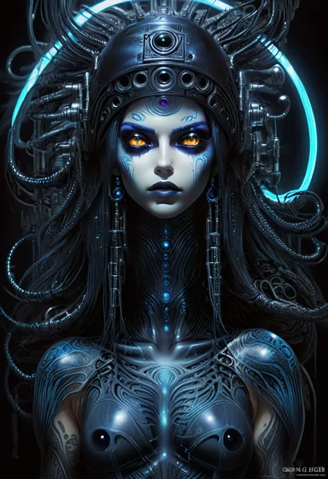 Hr giger tattooed sexy seductive dead girl, perfect face, hyper detailed neon black eyes, full body portrait,
