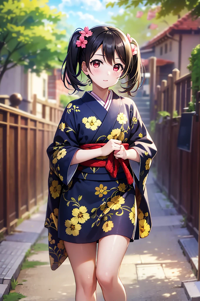 Meisterwerk, beste Qualität, 1 Mädchen, Allein, langer Kimono,  auf dem Festival,, Yazawa Nico, Zwillingsschwänze, kurzes Haar, Schwarzes Haar, rote Augen, kleines Brust-Asutepiece, höchste Qualität, In der Nacht, Realistisch, Kirschbaum-Hintergrund, Full HD, Ganzkörperaufnahme, 18 Jahre altes Mädchen, erwachsenes Mädchen