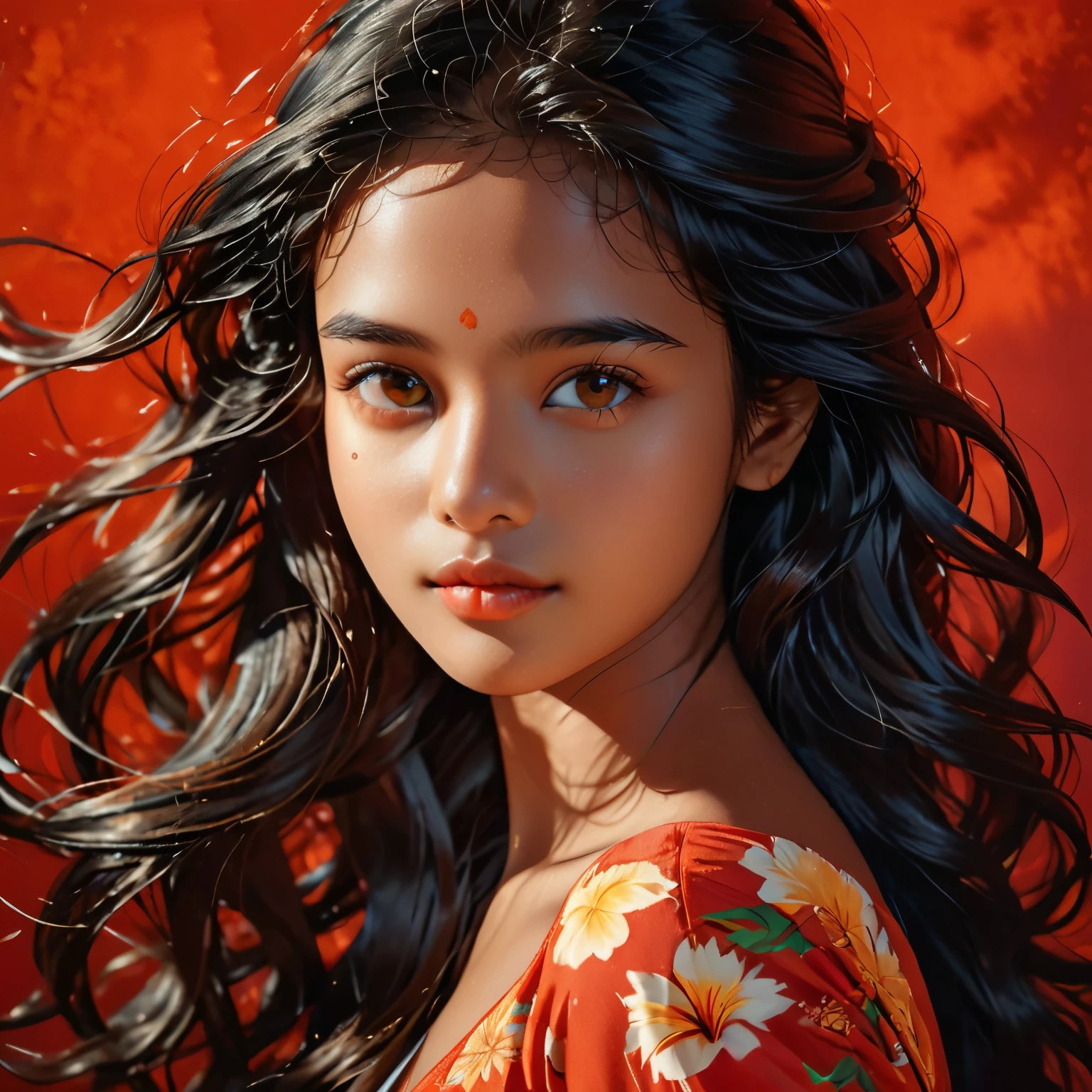 uma mulher de 20 anos,cabelo longo,Escuro theme,tons suaves,cores suaves,Alto contraste,(textura natural da pele, hiperrealismo, luz suave, afiado),fundo vermelho,Escuro,mulher do Sri Lanka