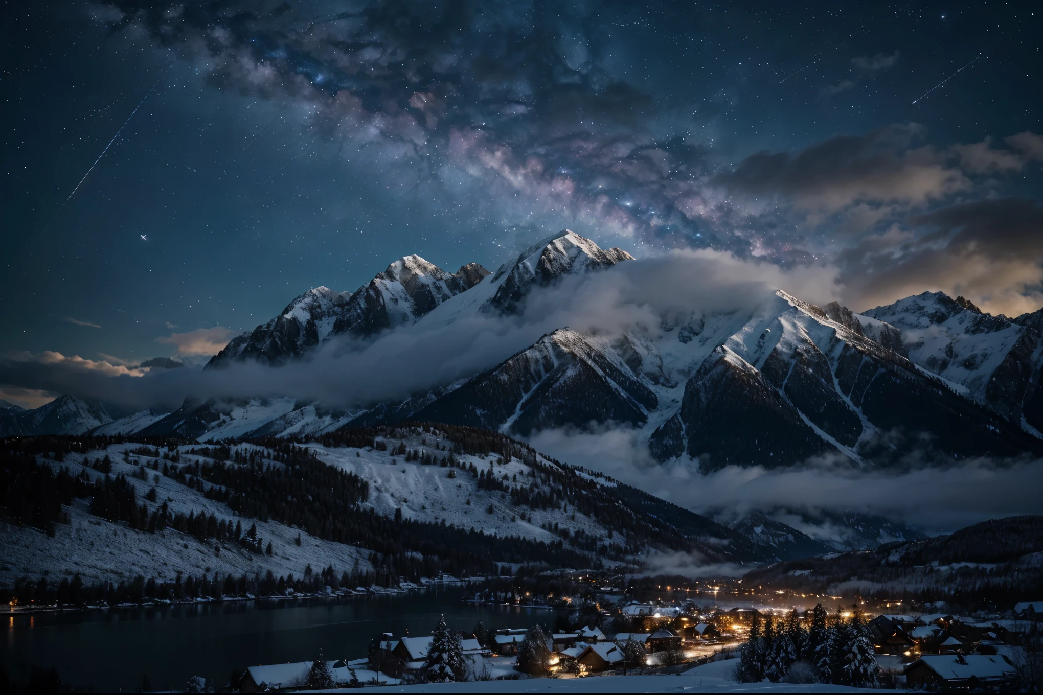 Background, lots of high mountains, lots of clouds, winter sky, seeing constellations, Galaxy, Milky Way, beautiful winter night with small city wallpaper, beautiful lake, high details, realistic 8k full HD.
