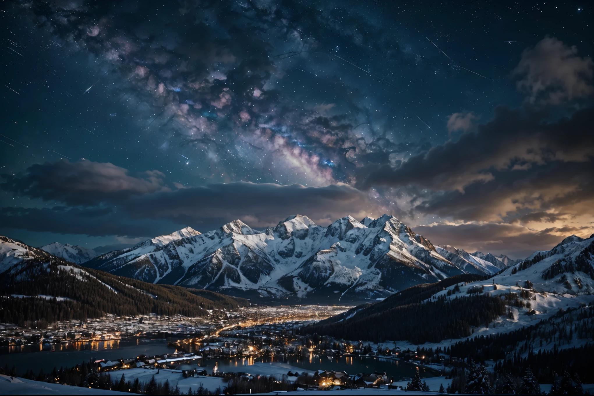 배경, 높은 산이 많다, 구름이 많음, 겨울 하늘, 별자리를 보는 것, 은하, 은하수, 작은 도시 벽지가 있는 아름다운 겨울 밤, 아름다운 호수, 높은 세부 사항, 사실적인 8k 풀 HD.

