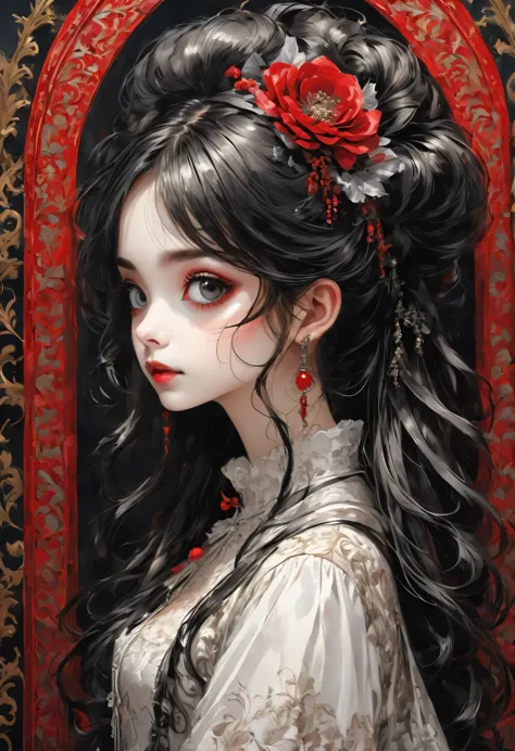 Gothic horror paintings,((Beautiful girl standing:Gothic Lolita:12 years old:Ephemeral:beautiful girl:cute:Adorable:Perfect Face...