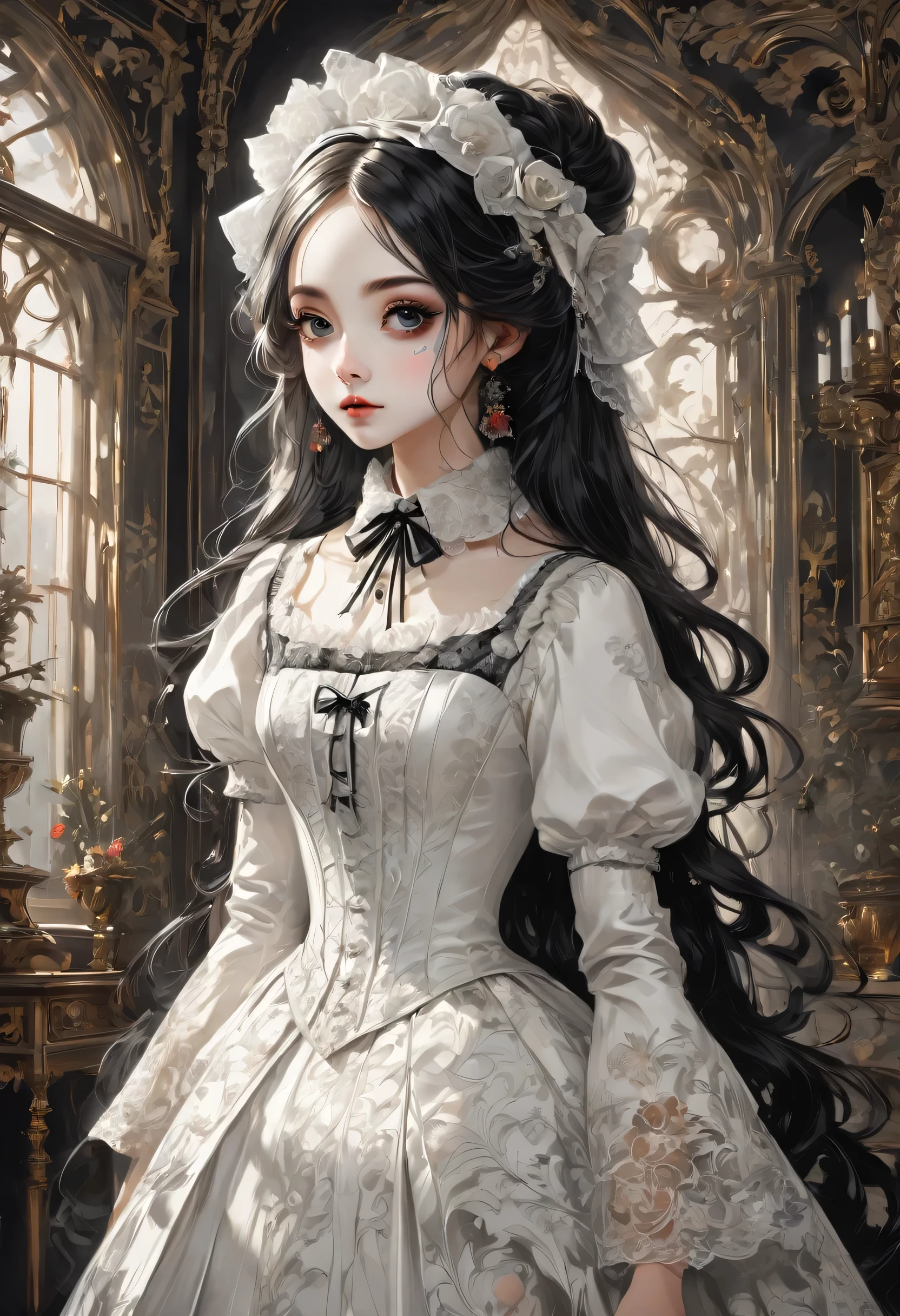 Gothic horror paintings,((Beautiful girl standing:Gothic Lolita:12 years old:Ephemeral:beautiful girl:cute:Adorable:Perfect Face:White:eyelash:Big eyes)),Gothic House,Looking Back,Black and White,scary but beautiful,Gothic Beauty,Expressing beautiful madness,Shrouded in mystery,Placing dark clouds that foreshadow tragedy in a beautiful gothic house,,detailed,Use red as an accent color,Race,embroidery,Detailed pattern,rendering,Designer House,Luxury Homes,nice,quiet,Beautiful light and shadow,Gothic Room,Golden Ratio,Anatomically correct,Rococo