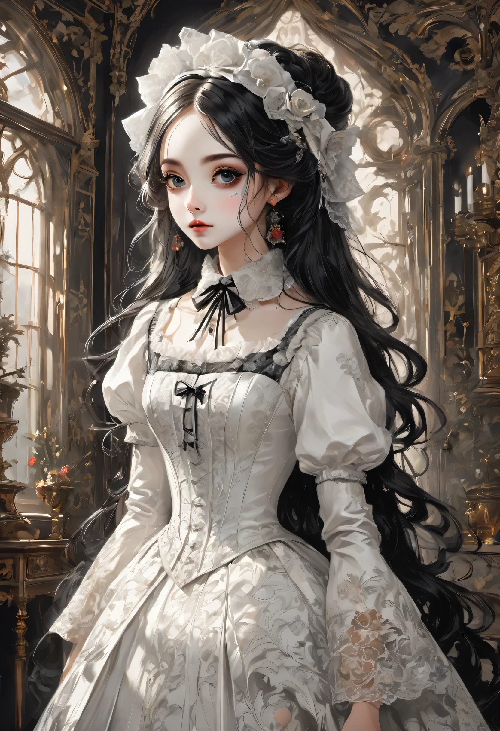 Peintures d&#39;horreur gothiques,((belle fille debout:Gothique-Lolita:12 ans:Éphémère:belle fille:mignon:Adorable:visage parfait:blanc:cil:gros yeux)),Maison gothique,Regarder en arrière,Black and blanc,effrayant mais beau,Beauté gothique,Exprimer une belle folie,Enveloppé de mystère,Placer des nuages sombres qui préfigurent une tragédie dans une belle maison gothique,,détaillé,Utilisez le rouge comme couleur d’accent,Course,Broderie,modèle détaillé,le rendu,Maison de créateur,Maisons de luxe,Bon,calme,belle lumière et ombre,chambre gothique,nombre d&#39;or,anatomiquement correct,rococo