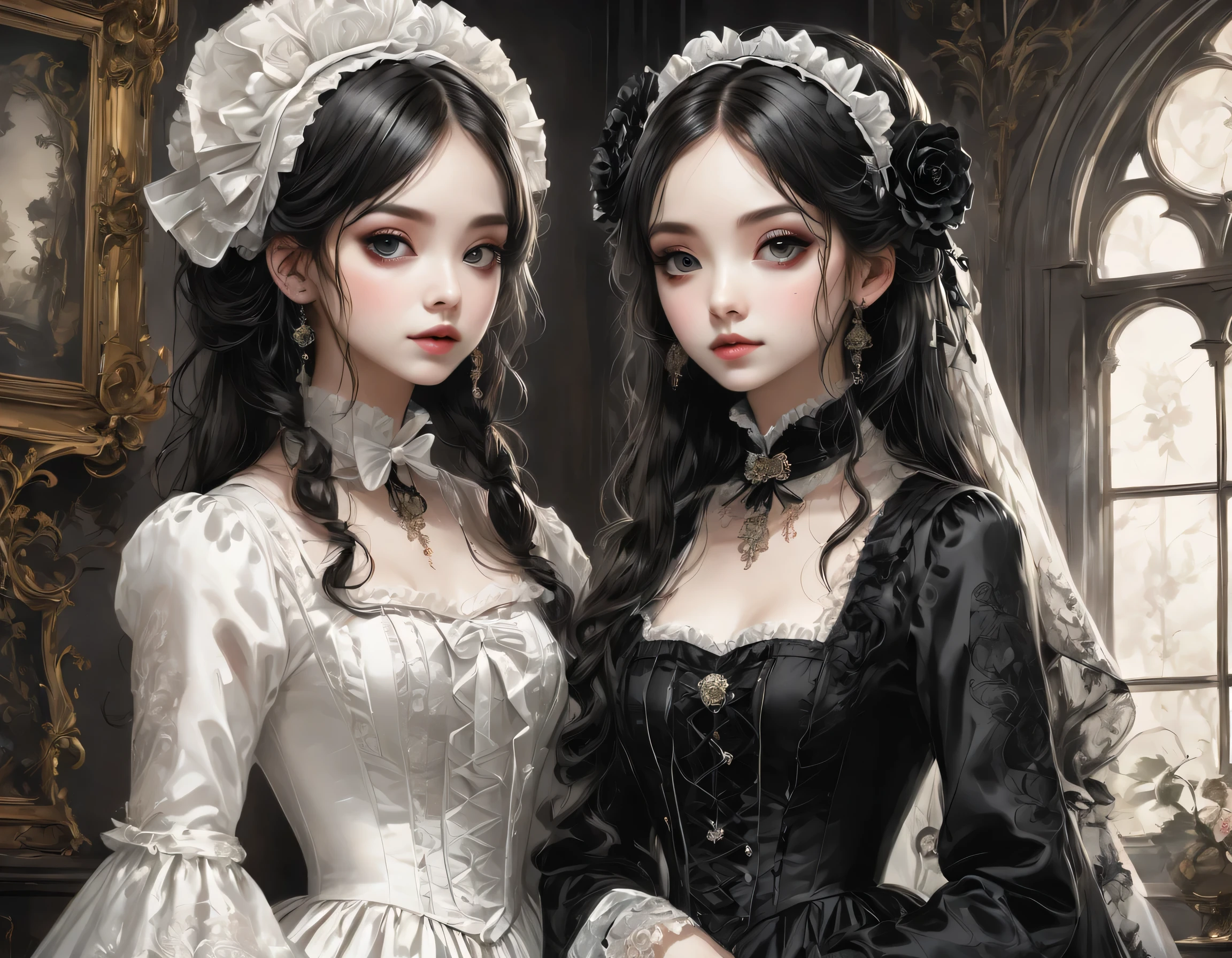 Gothic horror paintings,((Two beautiful girls standing:Symmetric:Gothic Lolita:12 years old:Ephemeral:Two beautiful girls:cute:Adorable:Perfect Face:White:eyelash:Big eyes)),Gothic House,Looking Back,black and white,scary but beautiful,Gothic Beauty,Expressing beautiful madness,Shrouded in mystery,Placing dark clouds that foreshadow tragedy in a beautiful gothic house,,detailed,Use red as an accent color,Race,embroidery,Detailed pattern,rendering,Designer House,Luxury Homes,nice,quiet,Beautiful light and shadow,Gothic Room,Golden Ratio,Anatomically correct,Rococo,BREAK,(The girl on the right(Black Dress)Gothic Lolita),BREAK,(The girl on the left(White Dress)Gothic Lolita)