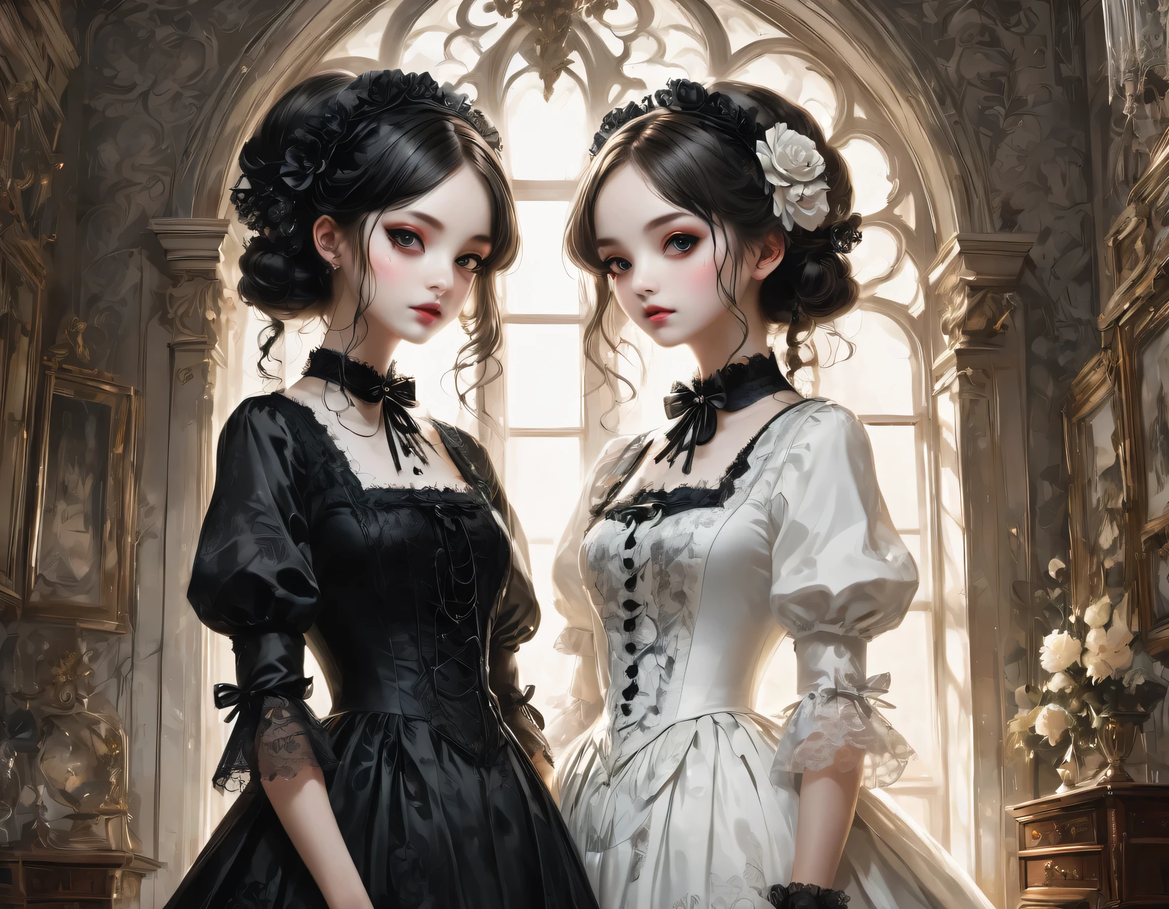 Gothic horror paintings,((Two beautiful girls standing:Symmetric:Gothic Lolita:12 years old:Ephemeral:((Two beautiful girls)):cute:Adorable:Perfect Face:White:eyelash:Big eyes,Smooth Skin)),Gothic House,Looking Back,black and white,scary but beautiful,Gothic Beauty,Expressing beautiful madness,Shrouded in mystery,Placing dark clouds that foreshadow tragedy in a beautiful gothic house,,detailed,Use red as an accent color,Race,embroidery,Detailed pattern,rendering,Designer House,Luxury Homes,nice,quiet,Beautiful light and shadow,Gothic Room,Golden Ratio,Anatomically correct,Rococo,BREAK,(The girl on the right(Black Dress)Gothic Lolita),BREAK,(The girl on the left(White Dress)Gothic Lolita),BREAK,embroidery,Detailed pattern,rendering,Zentangle Elements,Beautiful Gothic Horror,masterpiece,The best masterpiece