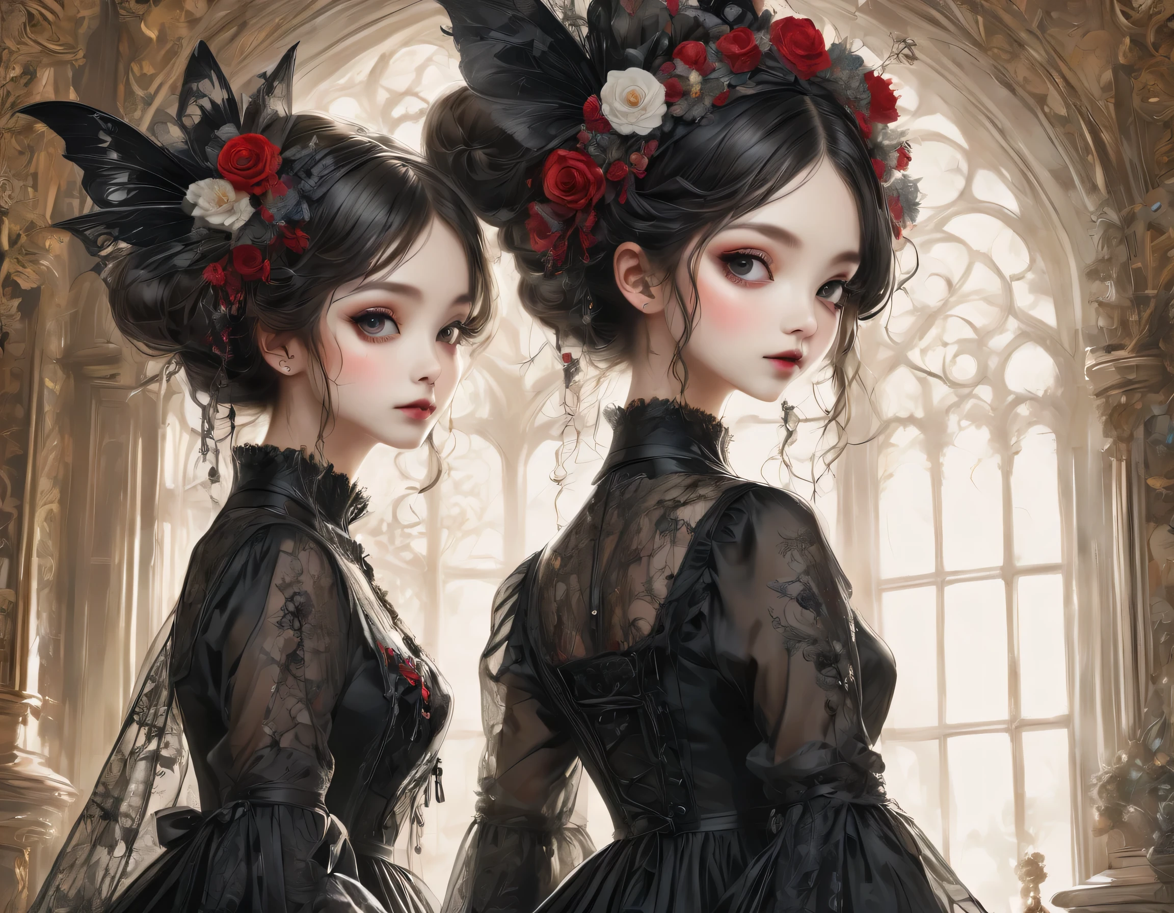 Gothic horror paintings,((Two beautiful girls standing:Symmetric:Gothic Lolita:12 years old:Ephemeral:((Two beautiful girls)):cute:Adorable:Perfect Face:White:eyelash:Big eyes,Smooth Skin)),Gothic House,Looking Back,black and white,scary but beautiful,Gothic Beauty,Expressing beautiful madness,Shrouded in mystery,Placing dark clouds that foreshadow tragedy in a beautiful gothic house,,detailed,Use red as an accent color,Race,embroidery,Detailed pattern,rendering,Designer House,Luxury Homes,nice,quiet,Beautiful light and shadow,Gothic Room,Golden Ratio,Anatomically correct,Rococo,BREAK,(The girl on the right(Black Dress)Gothic Lolita),BREAK,(The girl on the left(White Dress)Gothic Lolita),BREAK,embroidery,Detailed pattern,rendering,Zentangle Elements,Beautiful Gothic Horror,masterpiece,The best masterpiece