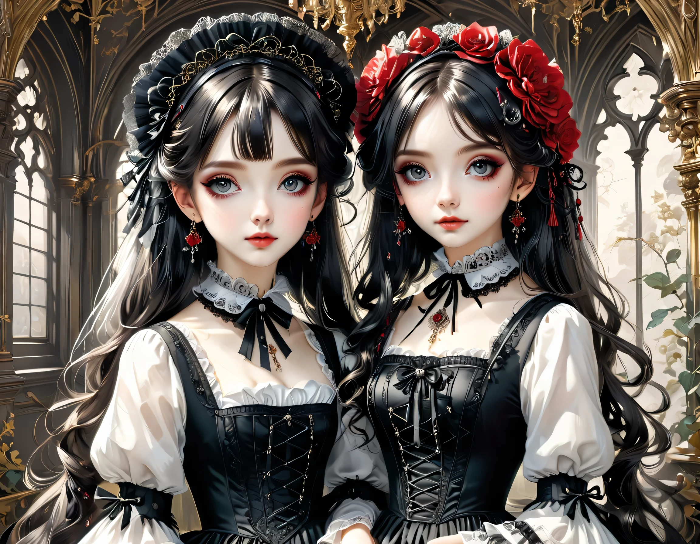 Gothic horror paintings,((Two beautiful girls standing:Symmetric:Gothic Lolita:12 years old:Ephemeral:((Two beautiful girls)):cute:Adorable:Perfect Face:White:eyelash:Big eyes,Smooth Skin)),Gothic House,Looking Back,black and white,scary but beautiful,Gothic Beauty,Expressing beautiful madness,Shrouded in mystery,Placing dark clouds that foreshadow tragedy in a beautiful gothic house,,detailed,Use red as an accent color,Race,embroidery,Detailed pattern,rendering,Designer House,Luxury Homes,nice,quiet,Beautiful light and shadow,Gothic Room,Golden Ratio,Anatomically correct,Rococo,BREAK,(The girl on the right(Black Dress)Gothic Lolita),BREAK,(The girl on the left(White Dress)Gothic Lolita),BREAK,embroidery,Detailed pattern,rendering,Zentangle Elements,Beautiful Gothic Horror,masterpiece,The best masterpiece