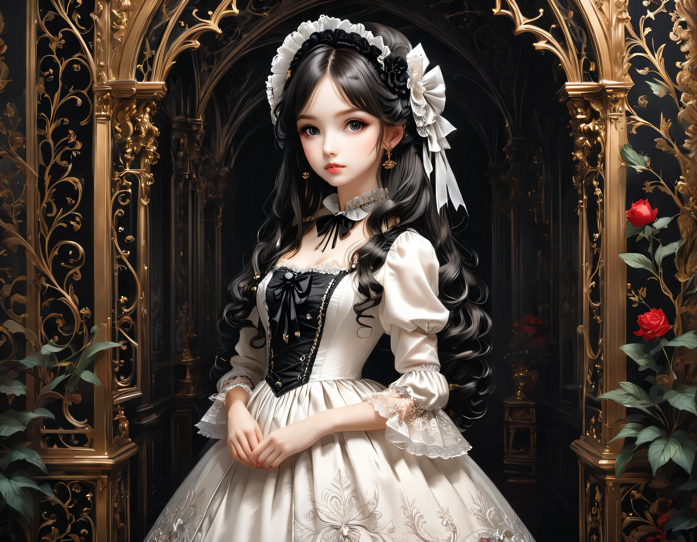 Gothic horror paintings,((Two beautiful girls standing:Symmetric:Gothic Lolita:12 years old:Ephemeral:((Two beautiful girls)):cute:Adorable:Perfect Face:White:eyelash:Big eyes,Smooth Skin)),Gothic House,Looking Back,black and white,scary but beautiful,Gothic Beauty,Expressing beautiful madness,Shrouded in mystery,Placing dark clouds that foreshadow tragedy in a beautiful gothic house,,detailed,Use red as an accent color,Race,embroidery,Detailed pattern,rendering,Designer House,Luxury Homes,nice,quiet,Beautiful light and shadow,Gothic Room,Golden Ratio,Anatomically correct,Rococo,BREAK,(The girl on the right(Black Dress)Gothic Lolita),BREAK,(The girl on the left(White Dress)Gothic Lolita),BREAK,embroidery,Detailed pattern,rendering,Zentangle Elements,Beautiful Gothic Horror,masterpiece,The best masterpiece