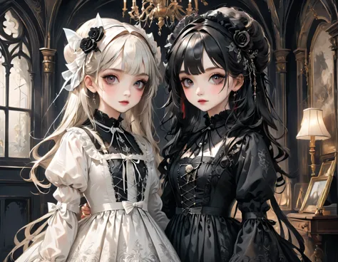 Gothic horror paintings,((Two beautiful girls standing:Symmetric:Gothic Lolita:12 years old:Ephemeral:((Two beautiful girls)):cu...