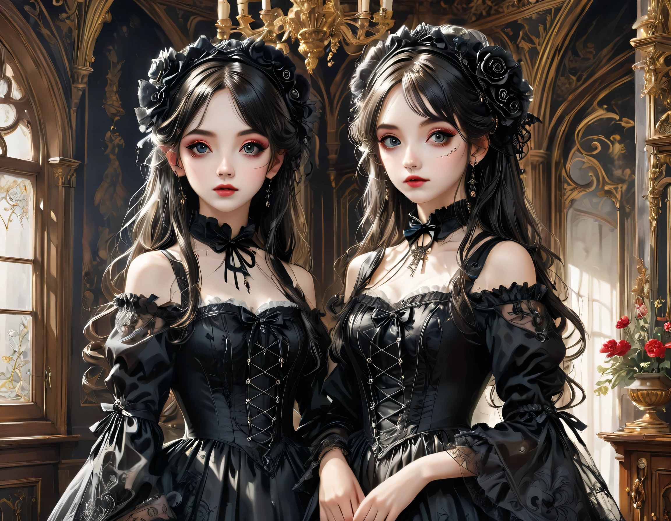 Gothic horror paintings,((Two beautiful girls standing:Symmetric:Gothic Lolita:12 years old:Ephemeral:((Two beautiful girls)):cute:Adorable:Perfect Face:White:eyelash:Big eyes,Smooth Skin)),Gothic House,Looking Back,black and white,scary but beautiful,Gothic Beauty,Expressing beautiful madness,Shrouded in mystery,Placing dark clouds that foreshadow tragedy in a beautiful gothic house,,detailed,Use red as an accent color,Race,embroidery,Detailed pattern,rendering,Designer House,Luxury Homes,nice,quiet,Beautiful light and shadow,Gothic Room,Golden Ratio,Anatomically correct,Rococo,BREAK,(The girl on the right(Black Dress)Gothic Lolita),BREAK,(The girl on the left(White Dress)Gothic Lolita),BREAK,embroidery,Detailed pattern,rendering,Zentangle Elements,Beautiful Gothic Horror,masterpiece,The best masterpiece