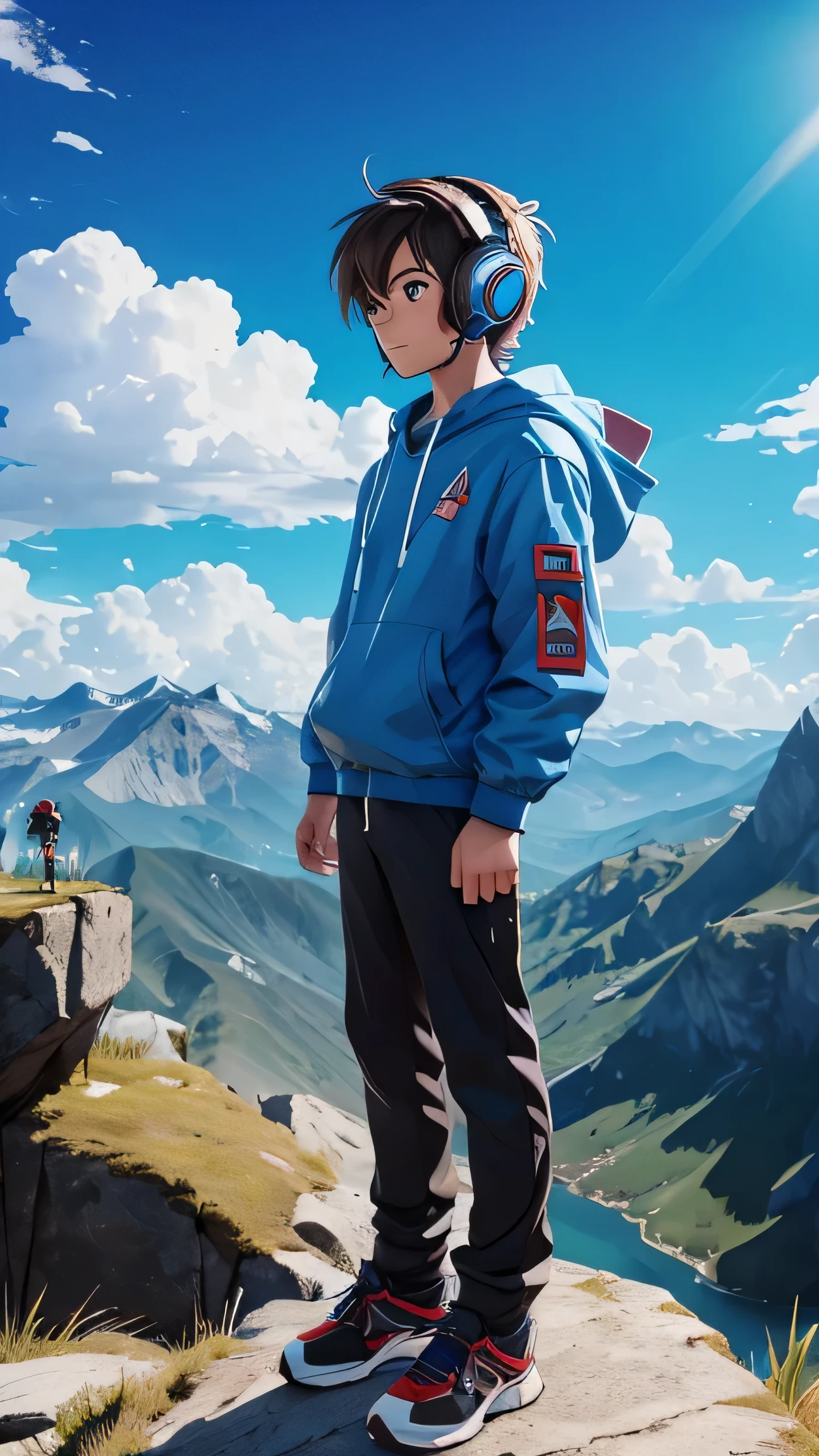 صبي لاعب يرتدي سماعات الرأس ويقف على حافة الجبل وينظر إلى السماء الزرقاء, هبوب الرياح, نمط أنيمي.