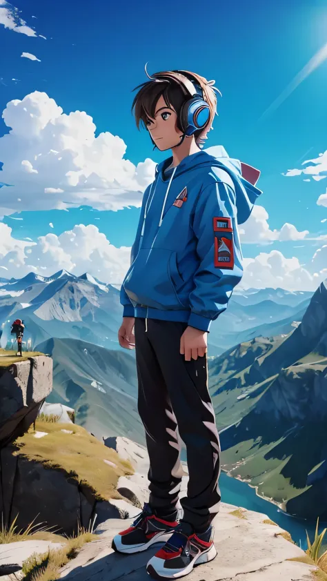 gamer boy wearing headphones standing on the edge of mountain looking at blue sky, wind blowing, anime style.